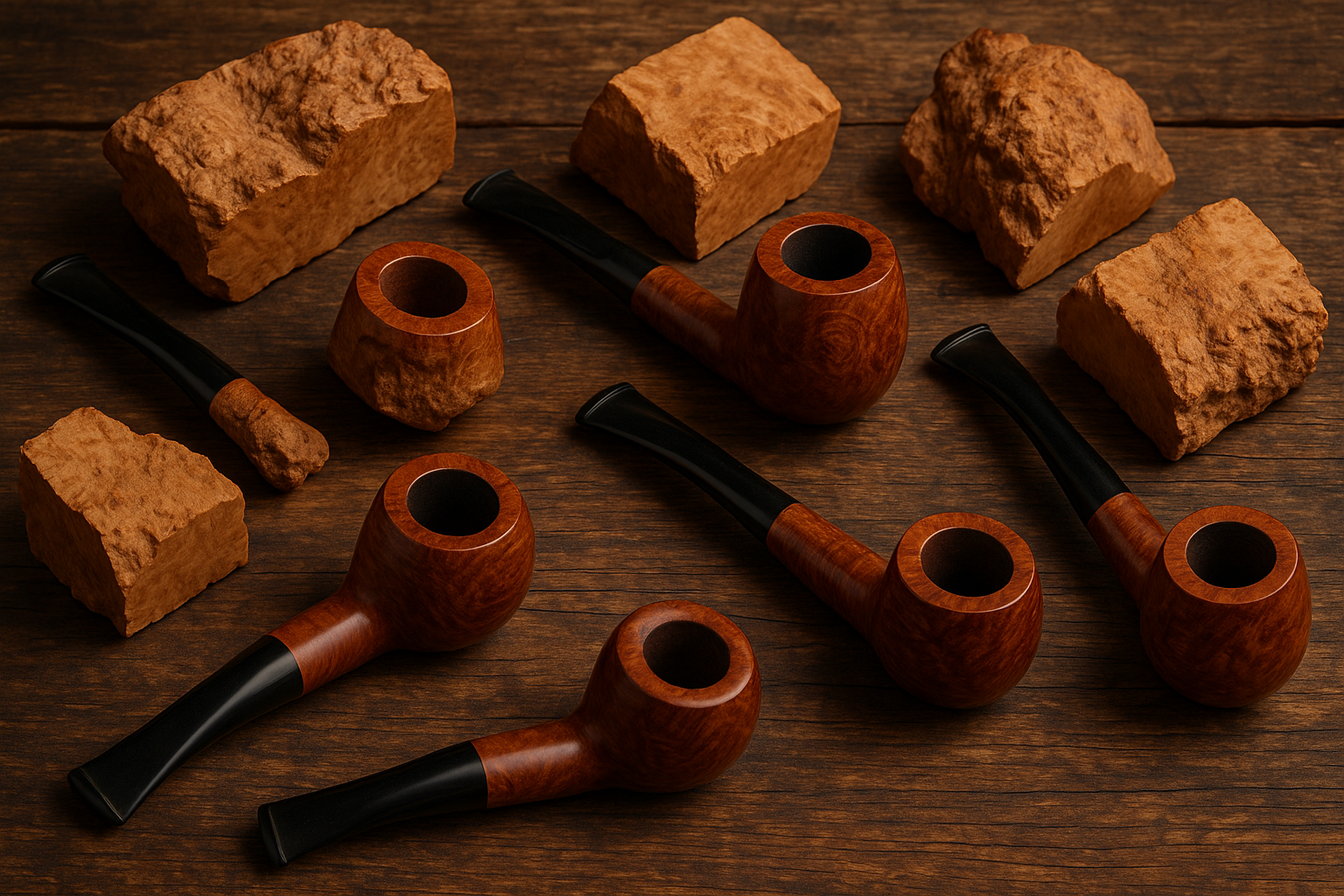 bruyere wood and pipes on the wood table